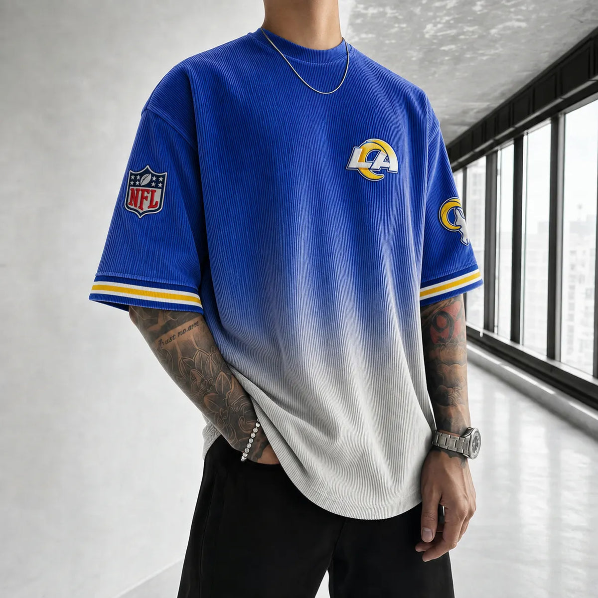 Unisex Loose-Fit Vertical-Stripe Short-Sleeve T-Shirt With Rugby Print