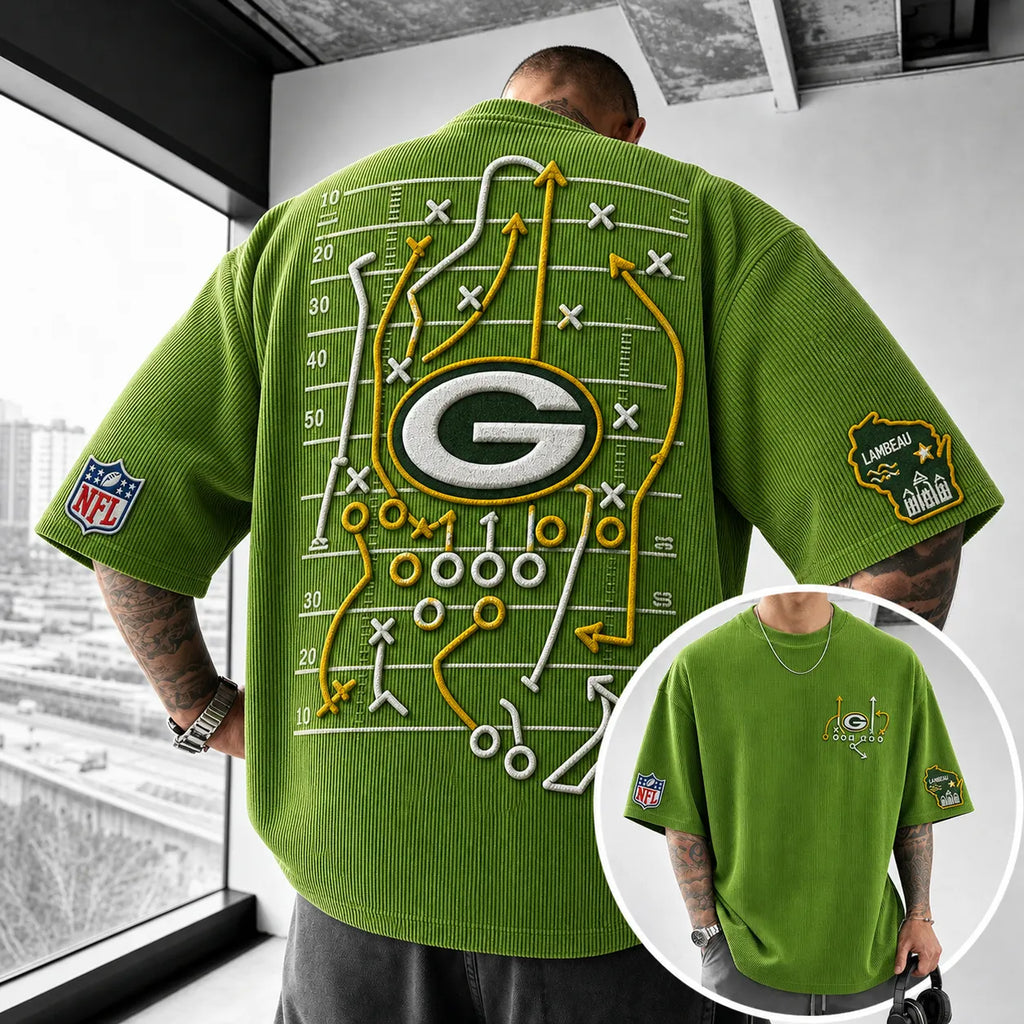 Unisex Loose-Fit Vertical-Stripe Short-Sleeve T-Shirt With Rugby Print