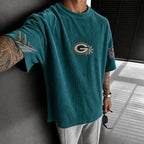 Unisex Loose-Fit Vertical-Stripe Short-Sleeve T-Shirt With Rugby Print
