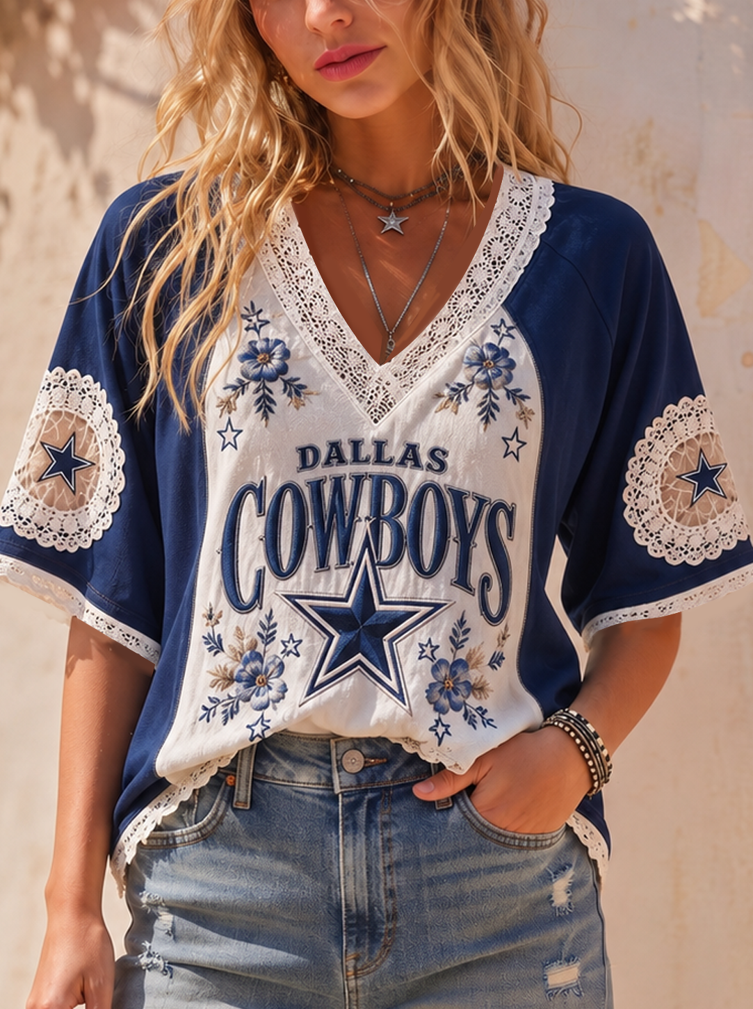 High-quality Fabric V-Neck Lace-Trimmed Football Fans Tee