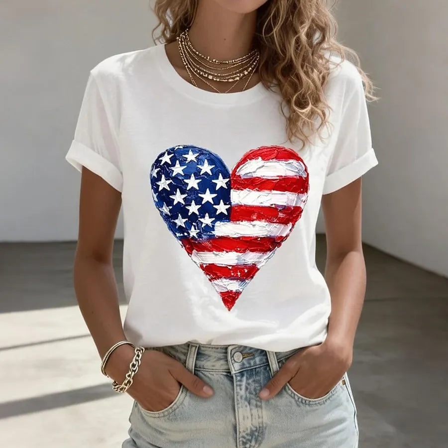 Women's American Flag Heart Patriotic Casual T-Shirt