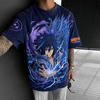 Unisex Oversized Anime-Print Vertical-Stripe Short-Sleeve T-Shirt
