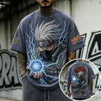 Unisex Oversized Anime-Print Vertical-Stripe Short-Sleeve T-Shirt