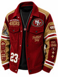 Men's Red And Tan Corduroy Button Jacket With Graphic Patches