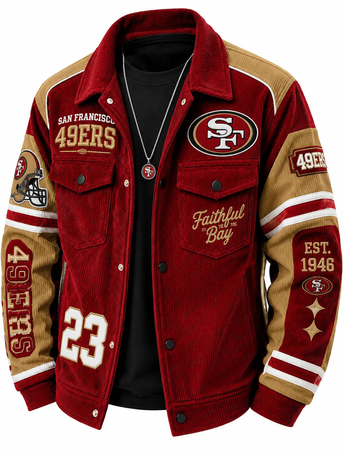 Men's Red And Tan Corduroy Button Jacket With Graphic Patches