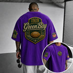 Unisex Loose-Fit Vertical-Stripe Short-Sleeve T-Shirt With Rugby Print