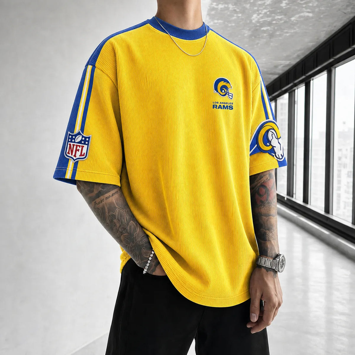 Unisex Loose-Fit Vertical-Stripe Short-Sleeve T-Shirt With Rugby Print