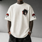 Unisex Oversized Anime-Print Vertical-Stripe Short-Sleeve T-Shirt