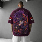 Unisex Oversized Anime-Print Vertical-Stripe Short-Sleeve T-Shirt