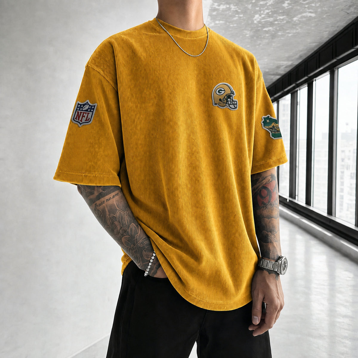 Unisex Loose-Fit Vertical-Stripe Short-Sleeve T-Shirt With Rugby Print
