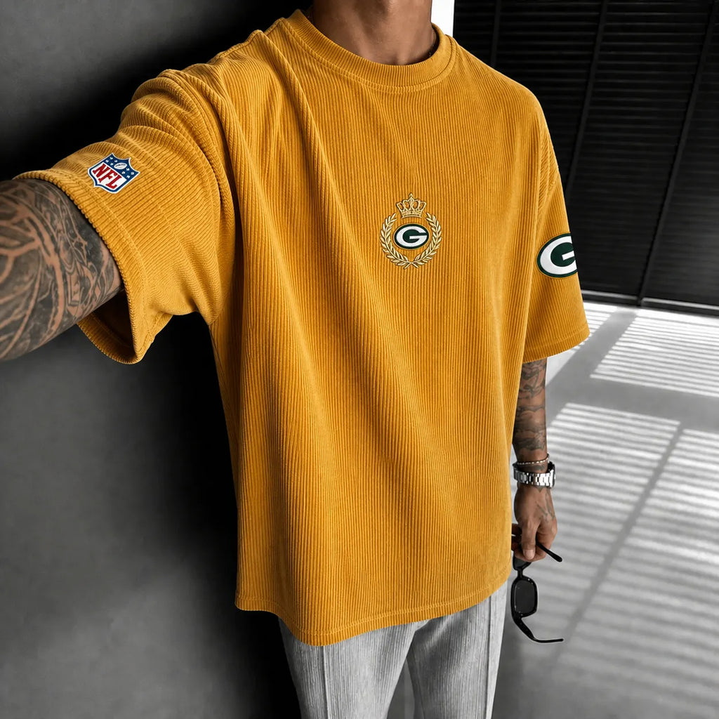 Unisex Loose-Fit Vertical-Stripe Short-Sleeve T-Shirt With Rugby Print