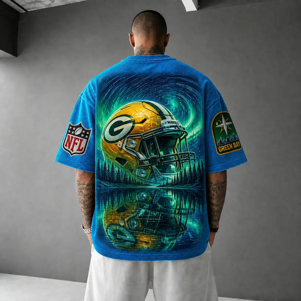 Unisex Loose-Fit Vertical-Stripe Short-Sleeve T-Shirt With Rugby Print