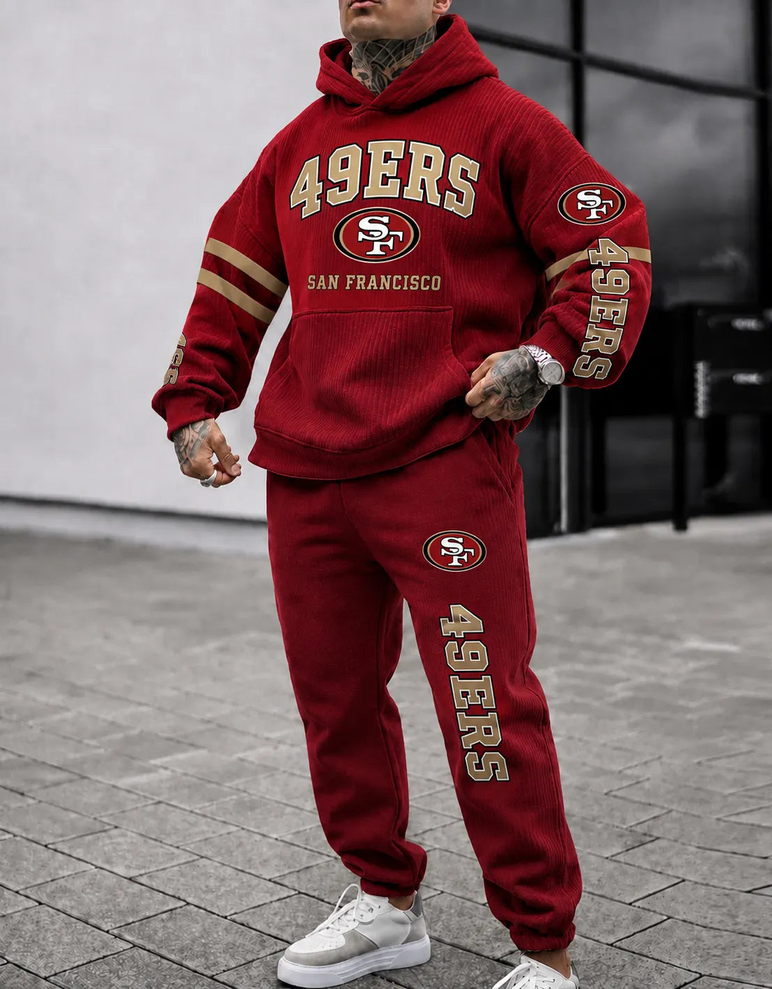 Premium Cotton-Blend Waffle Knit Hoodie And Jogger Set With Football Fans
