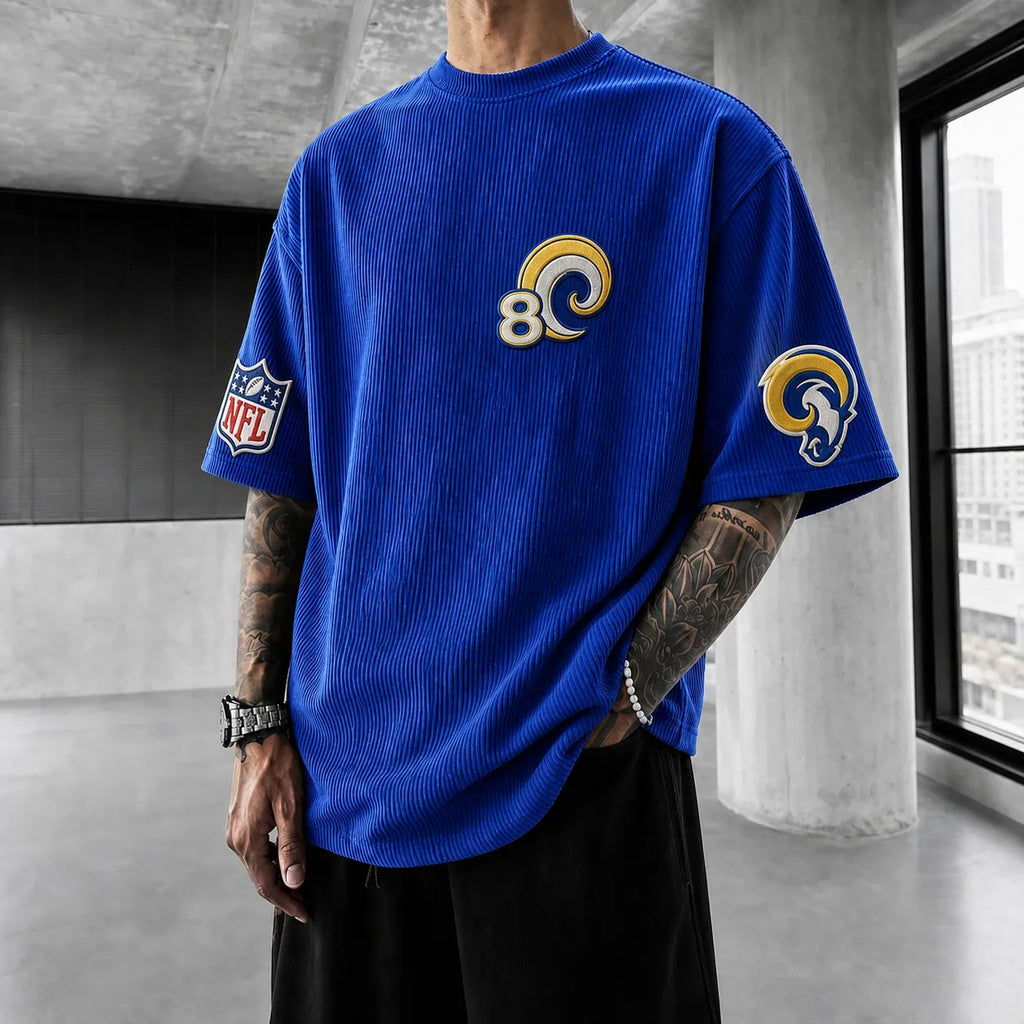 Unisex Loose-Fit Vertical-Stripe Short-Sleeve T-Shirt With Rugby Print