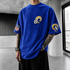 Unisex Loose-Fit Vertical-Stripe Short-Sleeve T-Shirt With Rugby Print