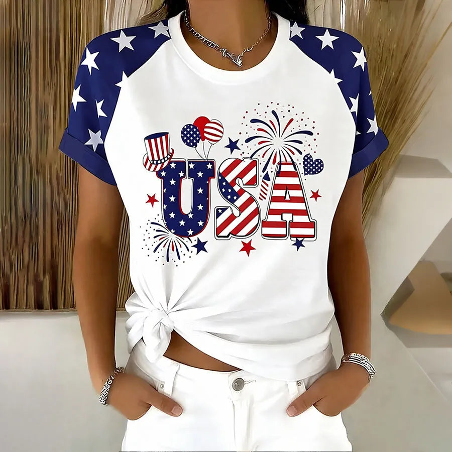 Women's USA Firework Patriotic Raglan Sleeve T-Shirt