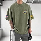 Unisex Loose-Fit Vertical-Stripe Short-Sleeve T-Shirt With Rugby Print