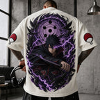 Unisex Oversized Anime-Print Vertical-Stripe Short-Sleeve T-Shirt
