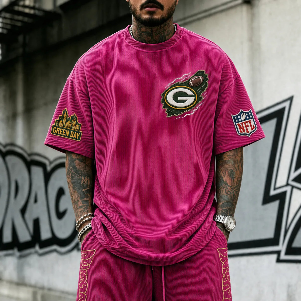 Unisex Loose-Fit Vertical-Stripe Short-Sleeve T-Shirt With Rugby Print