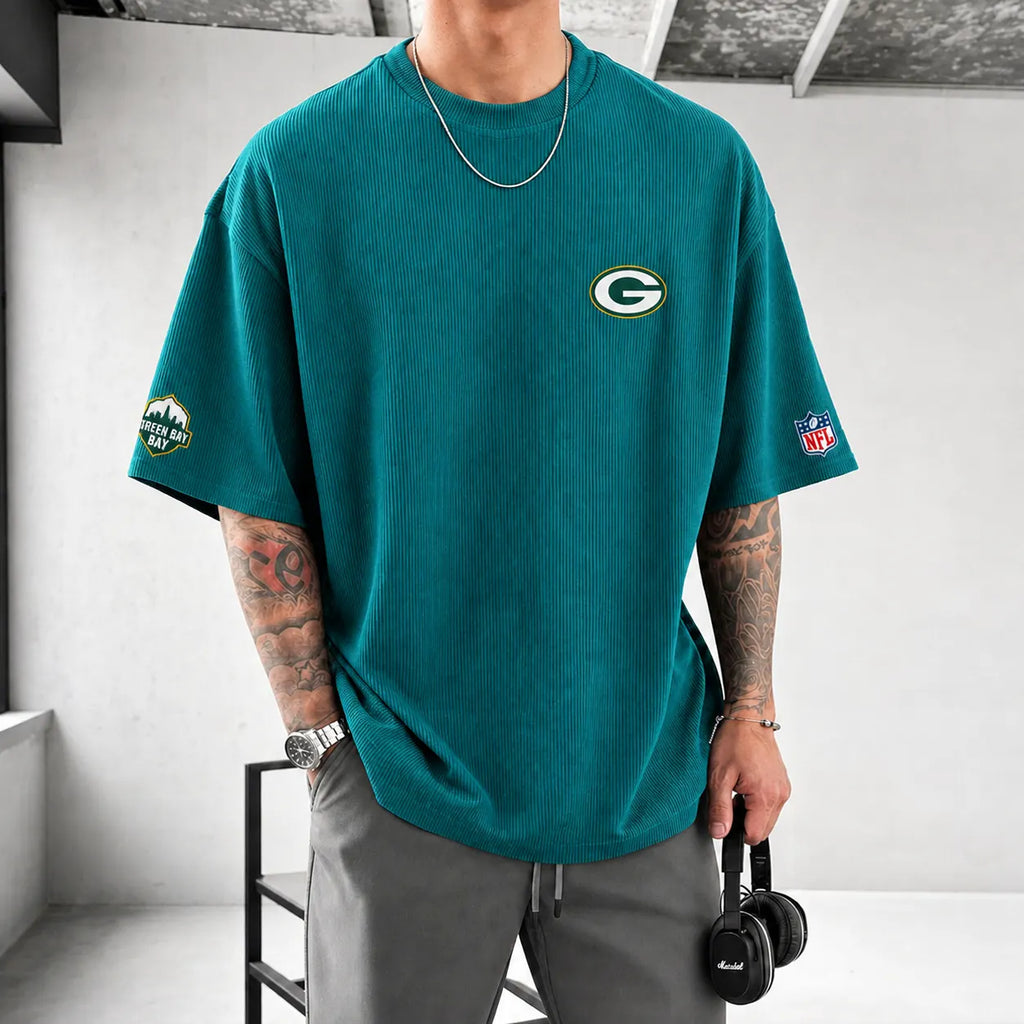 Unisex Loose-Fit Vertical-Stripe Short-Sleeve T-Shirt With Rugby Print