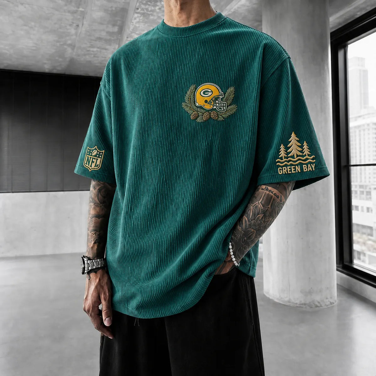 Unisex Loose-Fit Vertical-Stripe Short-Sleeve T-Shirt With Rugby Print