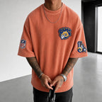 Unisex Loose-Fit Vertical-Stripe Short-Sleeve T-Shirt With Rugby Print