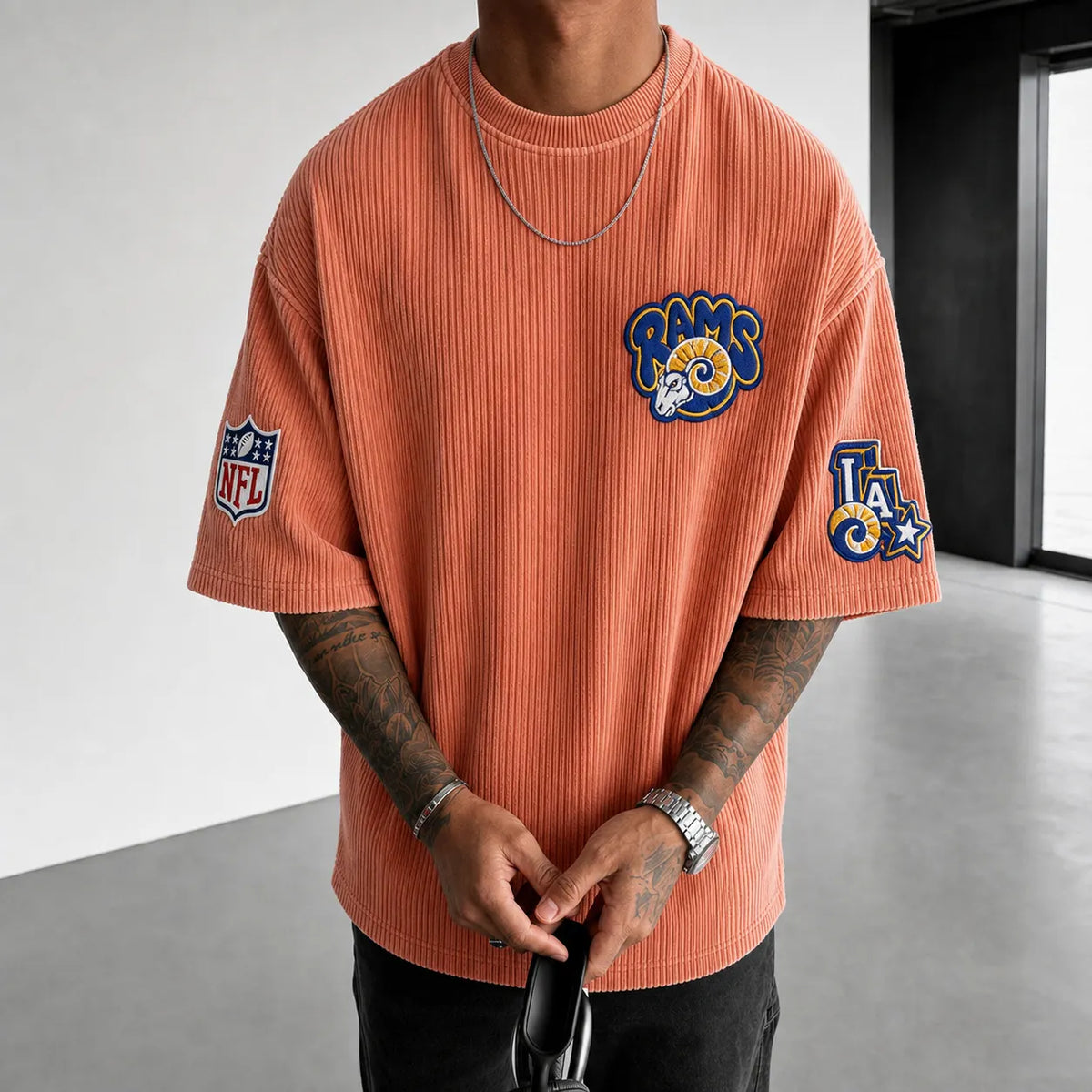 Unisex Loose-Fit Vertical-Stripe Short-Sleeve T-Shirt With Rugby Print