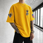 Unisex Loose-Fit Vertical-Stripe Short-Sleeve T-Shirt With Rugby Print