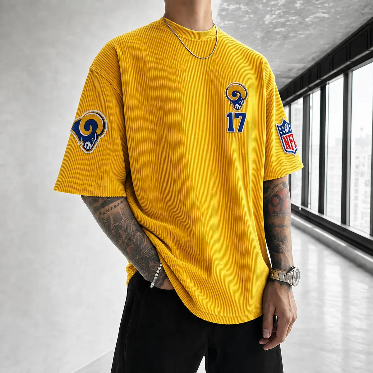 Unisex Loose-Fit Vertical-Stripe Short-Sleeve T-Shirt With Rugby Print