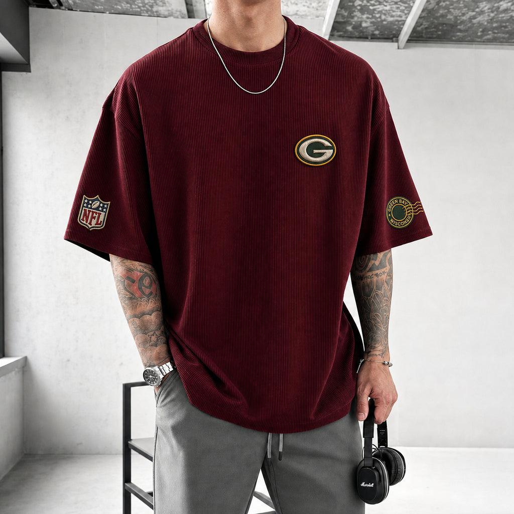 Unisex Loose-Fit Vertical-Stripe Short-Sleeve T-Shirt With Rugby Print