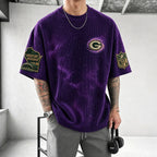 Unisex Loose-Fit Vertical-Stripe Short-Sleeve T-Shirt With Rugby Print