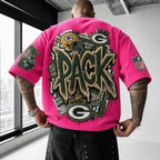 Unisex Loose-Fit Vertical-Stripe Short-Sleeve T-Shirt With Rugby Print