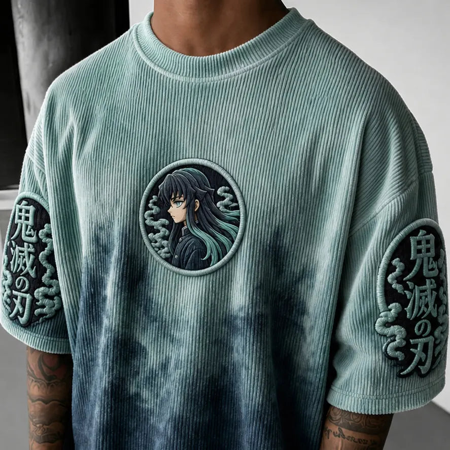 Unisex Oversized Anime-Print Vertical-Stripe Short-Sleeve T-Shirt