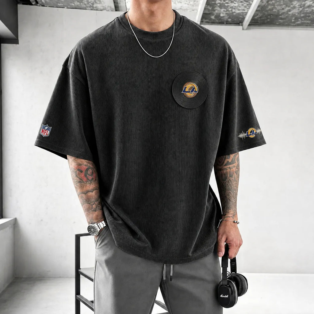 Unisex Rugby Print Loose-Fit Vertical-Stripe Short-Sleeve T-Shirt