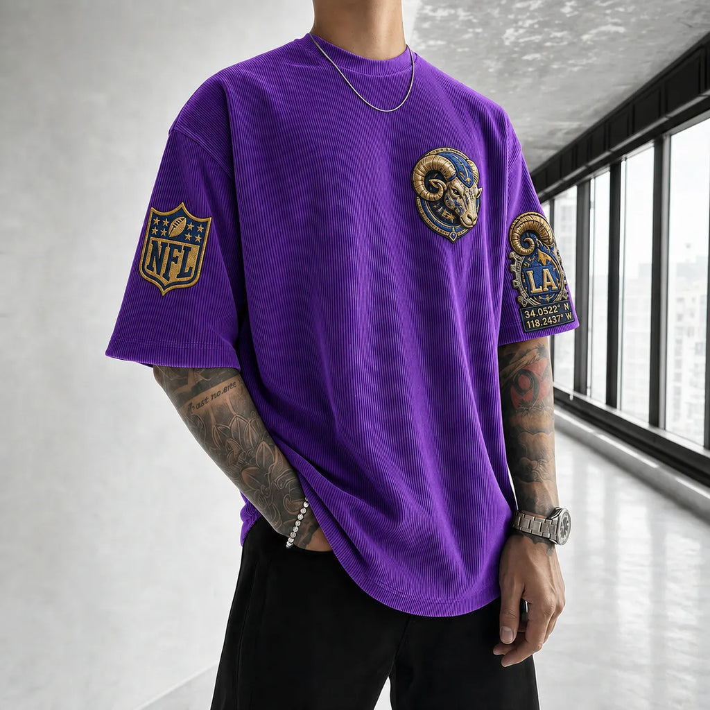 Unisex Loose-Fit Vertical-Stripe Short-Sleeve T-Shirt With Rugby Print