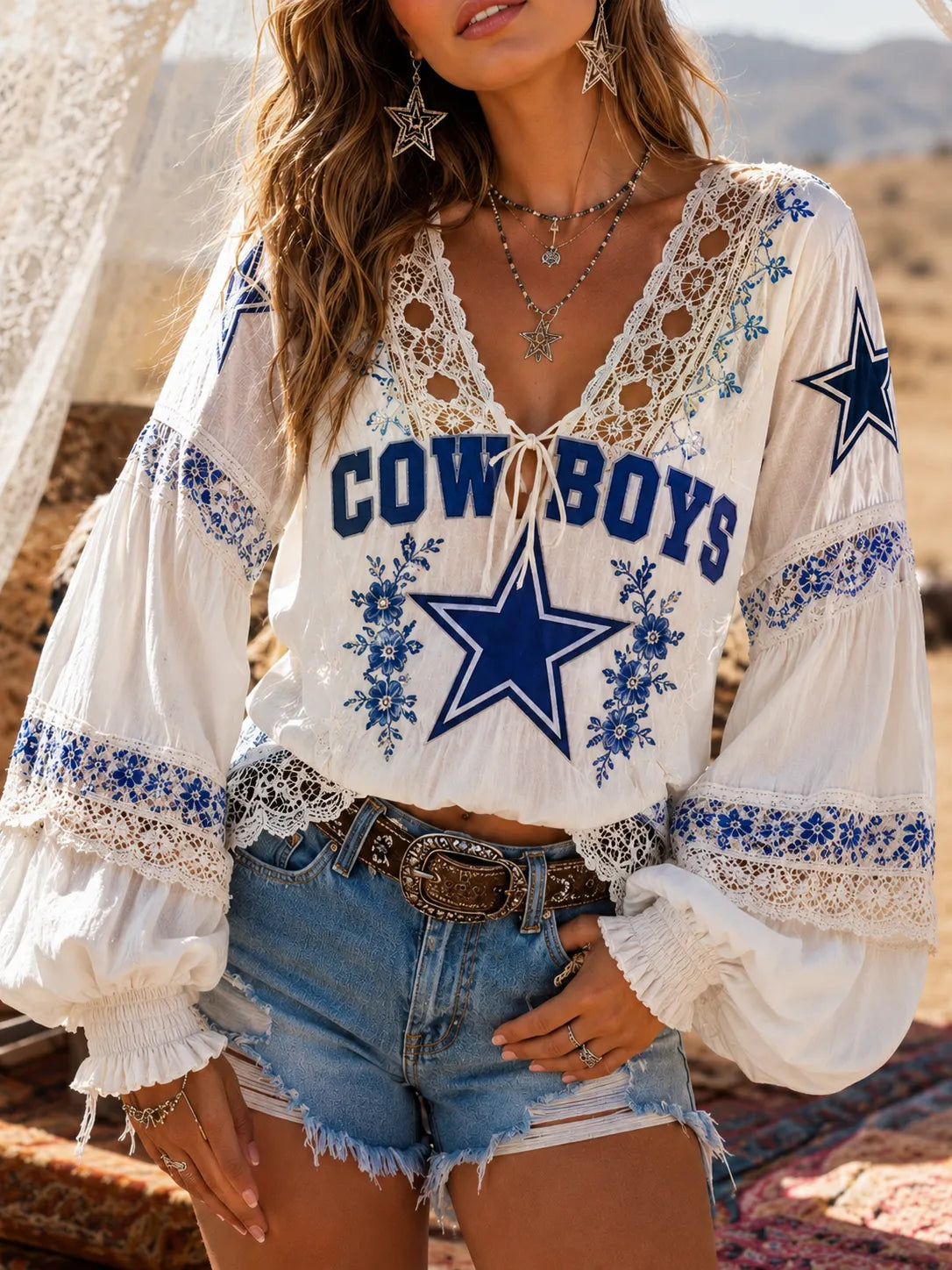 High-quality Fabric V-Neck Lace-Trimmed Football Fans Tee