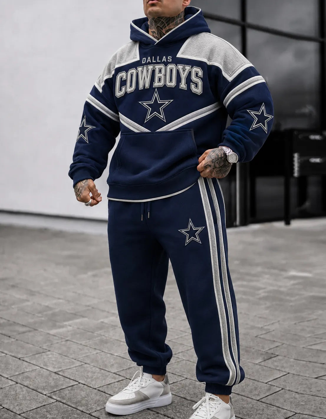 Premium Cotton-Blend Waffle Knit Hoodie And Jogger Set With Football Fans