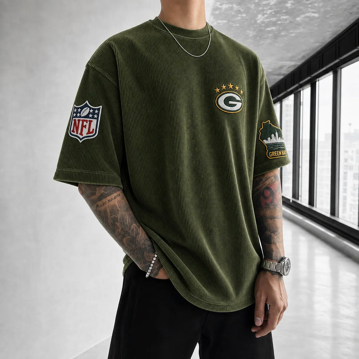 Unisex Loose-Fit Vertical-Stripe Short-Sleeve T-Shirt With Rugby Print