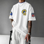 Unisex Loose-Fit Vertical-Stripe Short-Sleeve T-Shirt With Rugby Print