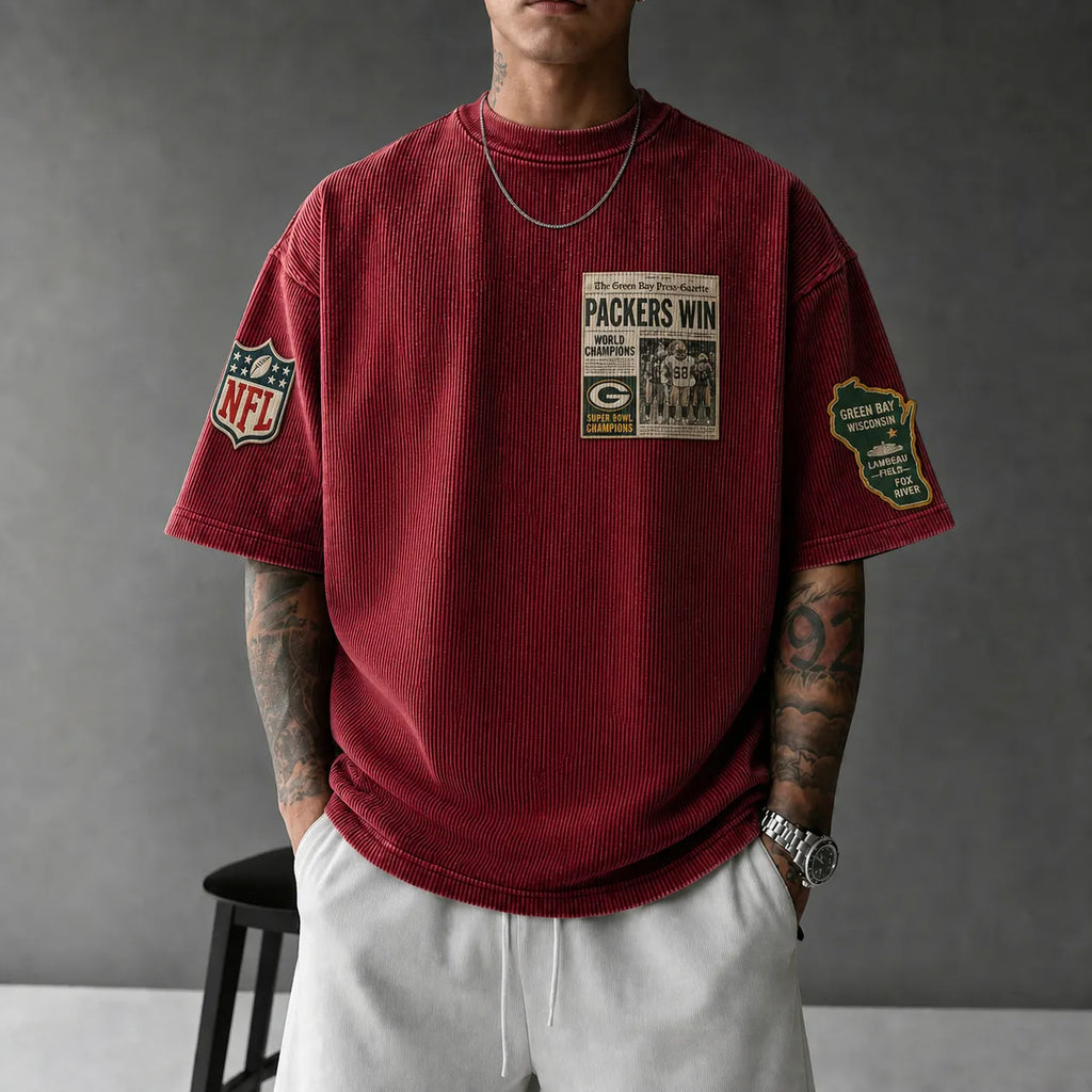 Unisex Loose-Fit Vertical-Stripe Short-Sleeve T-Shirt With Rugby Print