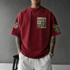 Unisex Loose-Fit Vertical-Stripe Short-Sleeve T-Shirt With Rugby Print