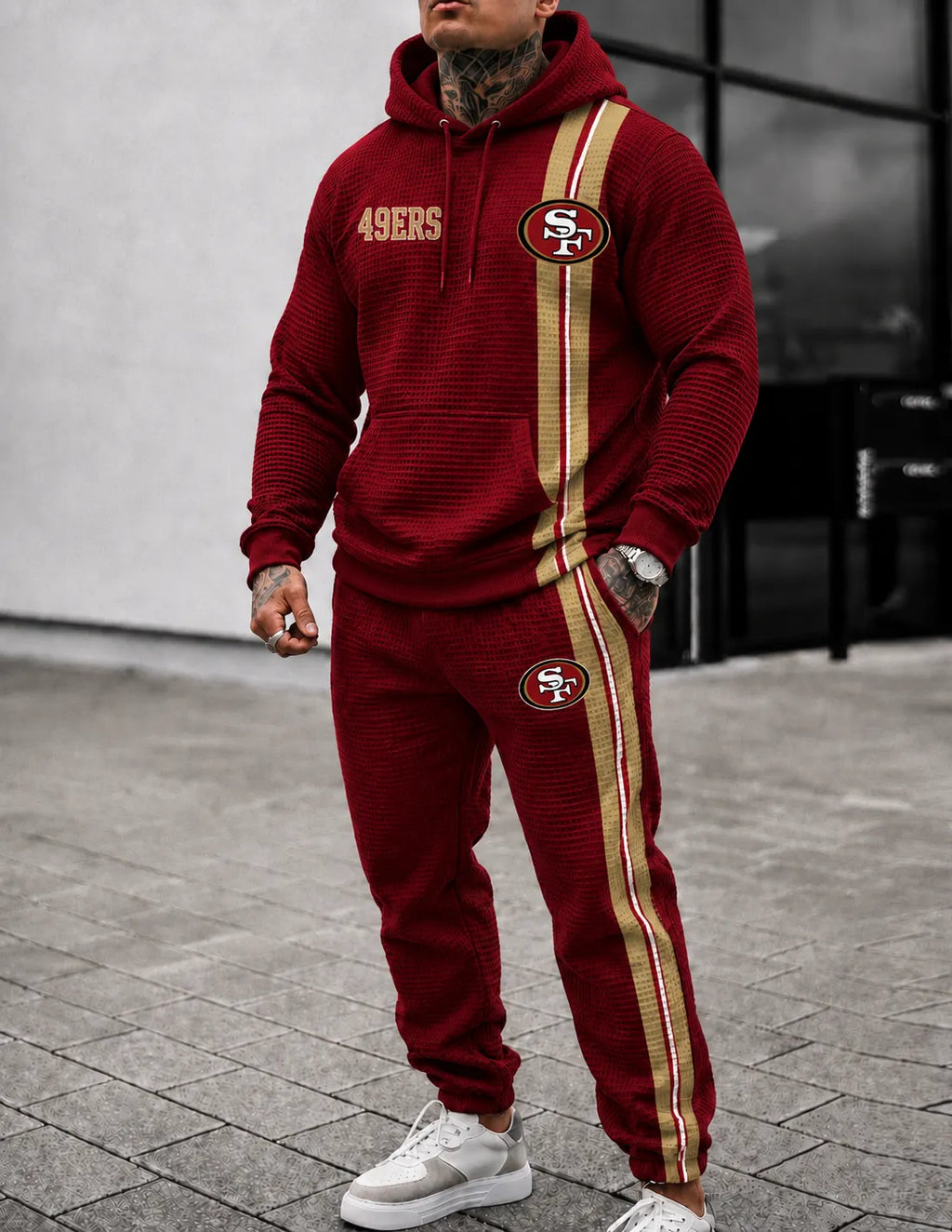 Premium Cotton-Blend Waffle Knit Hoodie And Jogger Set With Football Fans