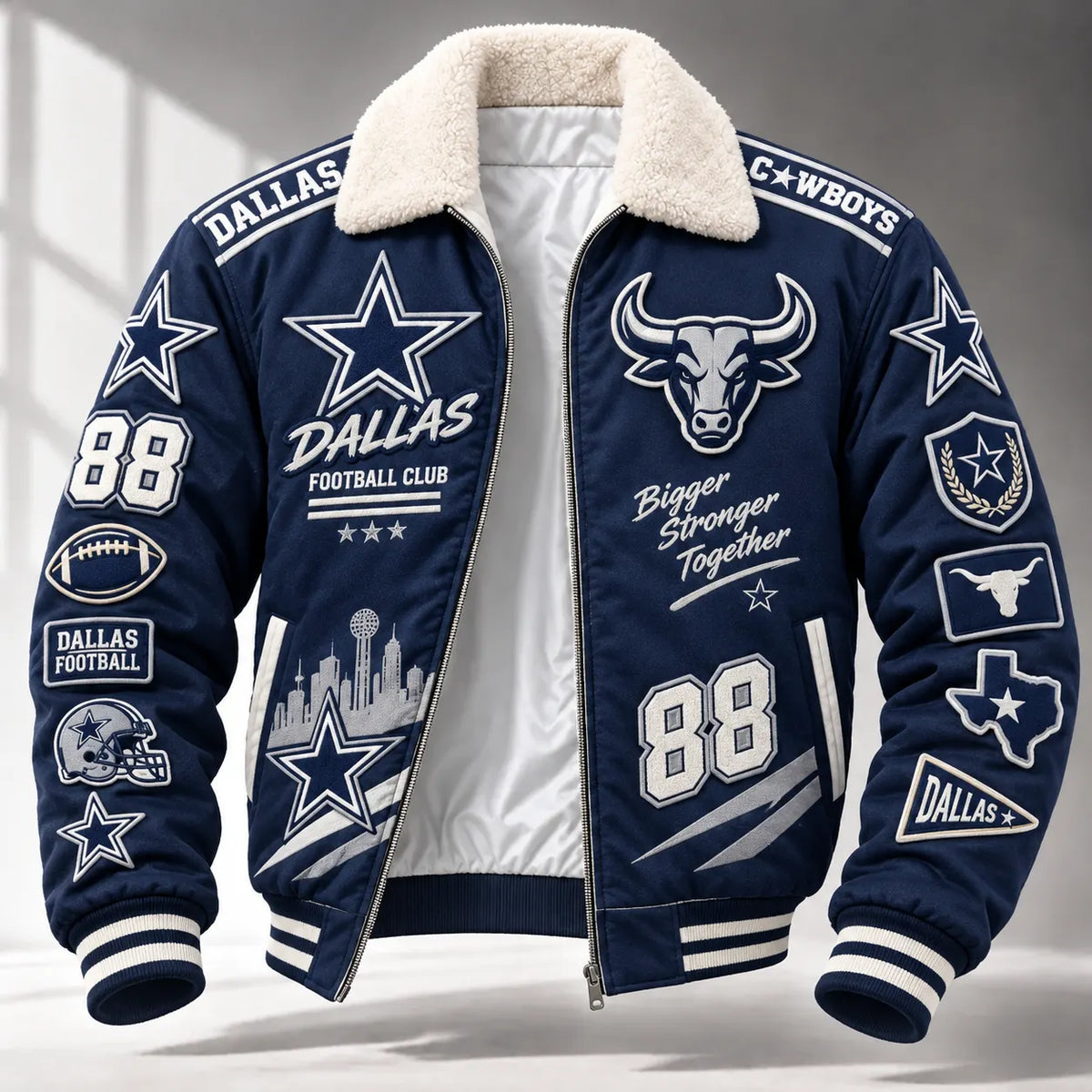 Men's Navy Blue Zip-Up Bomber Jacket With Fleece Collar