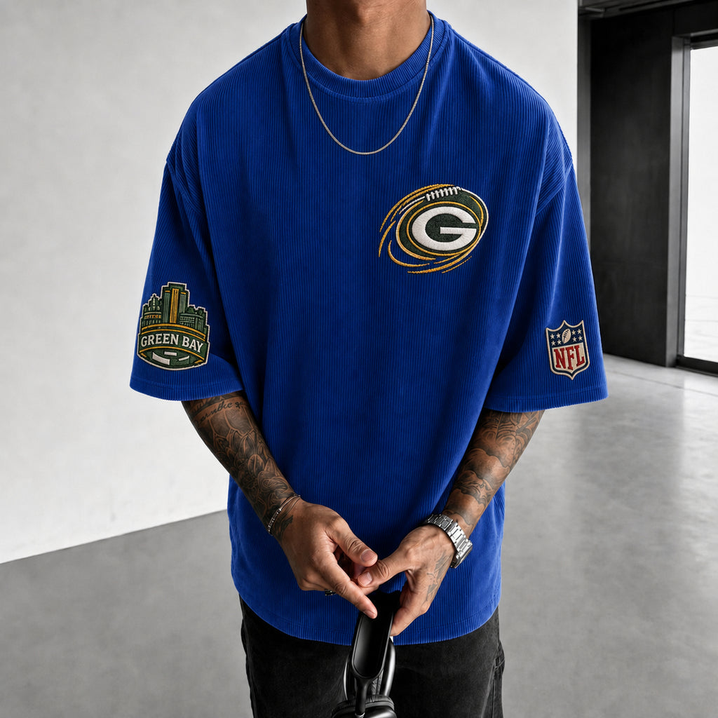 Unisex Loose-Fit Vertical-Stripe Short-Sleeve T-Shirt With Rugby Print