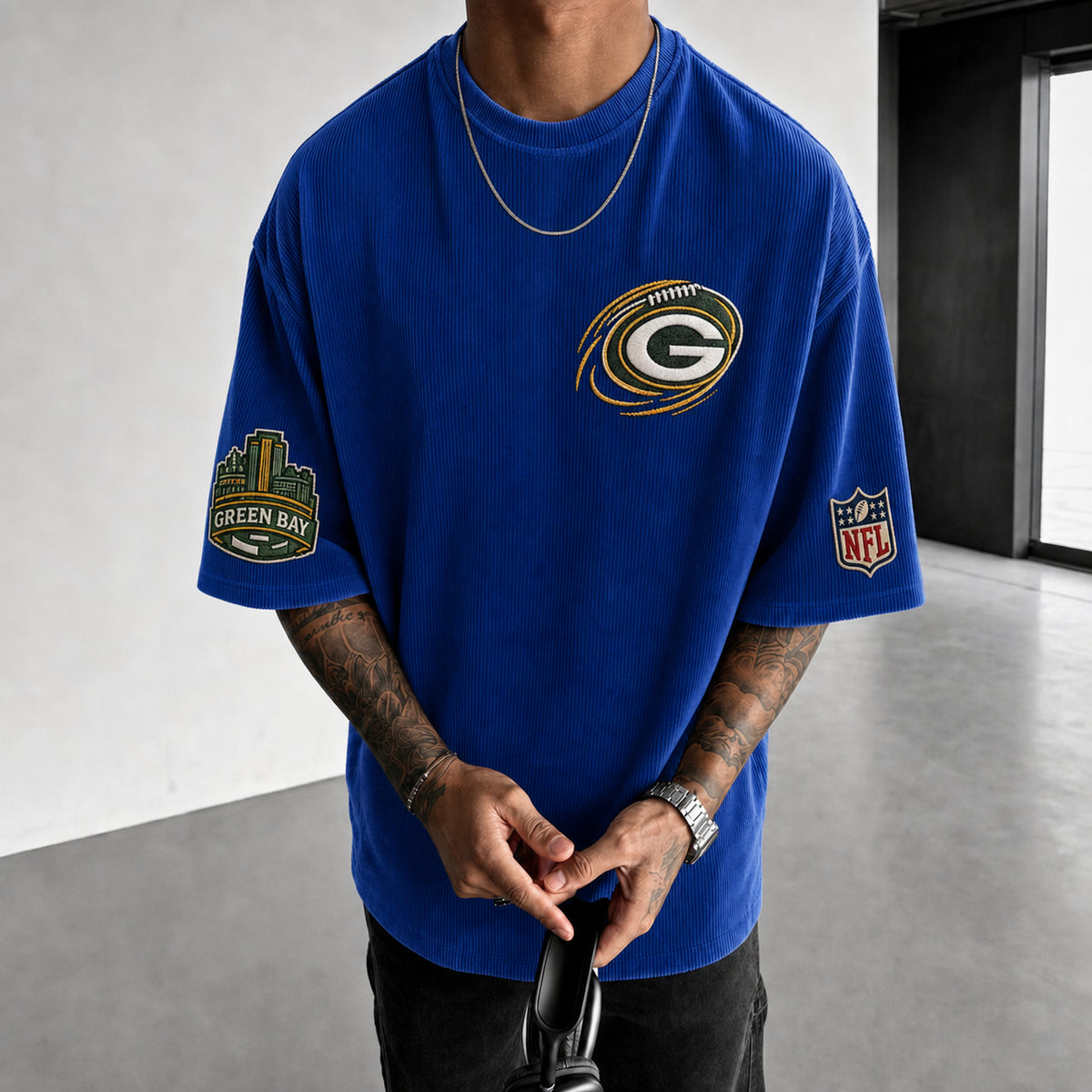Unisex Loose-Fit Vertical-Stripe Short-Sleeve T-Shirt With Rugby Print