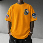 Unisex Loose-Fit Vertical-Stripe Short-Sleeve T-Shirt With Rugby Print