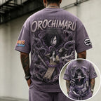 Unisex Oversized Anime-Print Vertical-Stripe Short-Sleeve T-Shirt