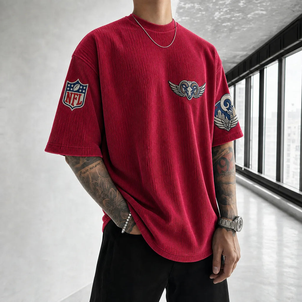 Unisex Loose-Fit Vertical-Stripe Short-Sleeve T-Shirt With Rugby Print