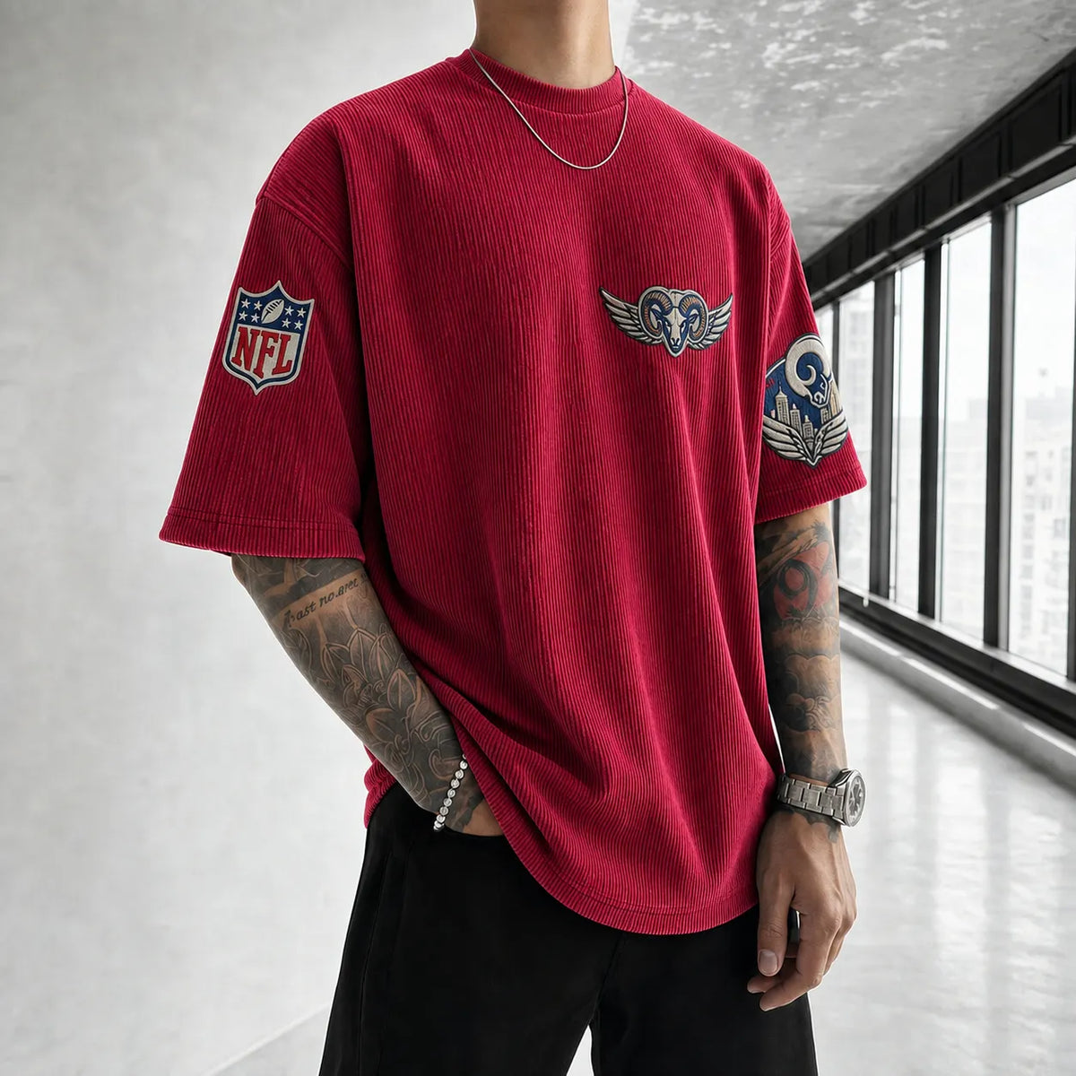 Unisex Loose-Fit Vertical-Stripe Short-Sleeve T-Shirt With Rugby Print