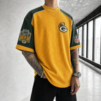 Unisex Loose-Fit Vertical-Stripe Short-Sleeve T-Shirt With Rugby Print